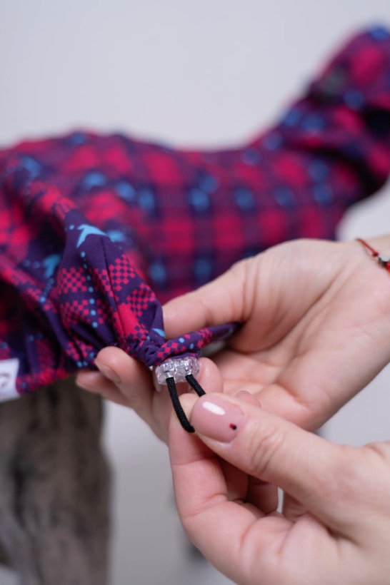 płaszcz softshellowy wodoodporny , whippet w rózowym płaszczu w krate , na zdjęciu troczek do regulacji na tyle plaszcza